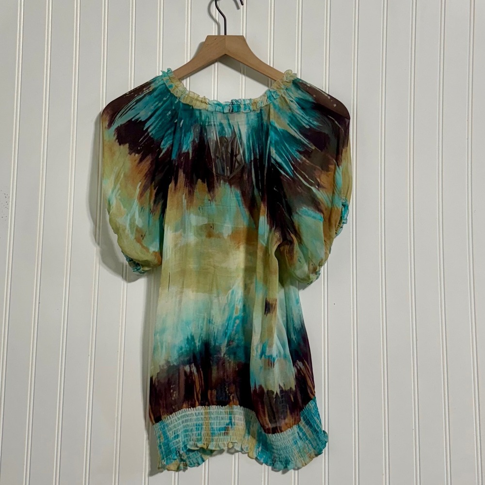 Karen Kane 100% Silk Abstract Blouse Smocked Waist Tie Neck Blue Brown XS Y2K - Picture 3 of 9